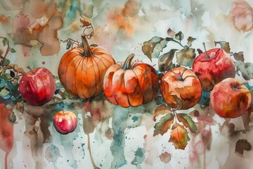 watercolor fall harvest apples and pumpkins .