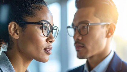 Two professionals wearing glasses in meeting