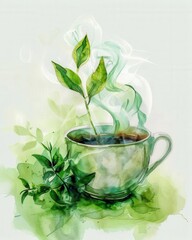 watercolor herbal tea cup with steam and leaves soft greens on cup .