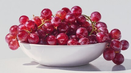 A vibrant bowl filled with fresh red grapes rests on a clean white surface, showcasing the fruit's rich color and texture.