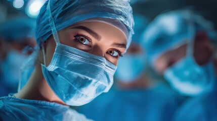 Concentrated female surgeon performing surgery with her team in a hospital operating room, wearing scrubs and a surgical mask.