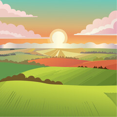 Obraz premium Aerial sunset view of green crop fields. Golden sun above horizon, dramatic sky
