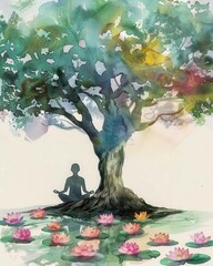 watercolor illustration of a person meditating under a tree with floating lotus flowers soft pastel tones on hands .
