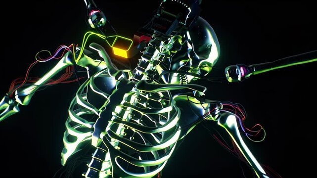Digital animated human skeleton. Halloween background with neon fluorescent effect for parties and events
