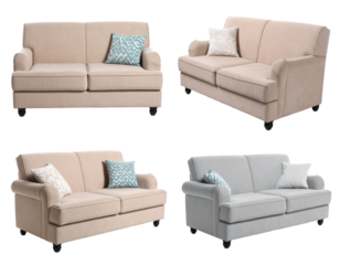 Various Two Seater Sofas with Pillows Isolated on a Transparent Background Displaying Beige Cream and Gray Colors with Comfortable Aesthetic Design