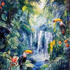 watercolor jungle waterfall with toucans and vines .