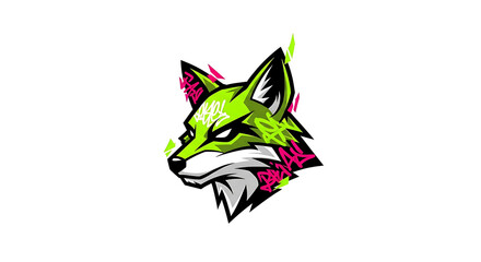 Obraz premium A stylized illustration of a fox head, rendered in shades of green, white, and pink, with graffiti-style accents on a white background.
