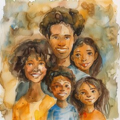 watercolor multicultural family portrait soft hues .