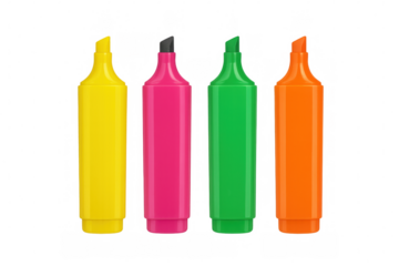 Four colorful highlighters arranged side by side on a transparent background, ready for highlighting text