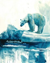 watercolor polar bear on iceberg blue and white on bear .