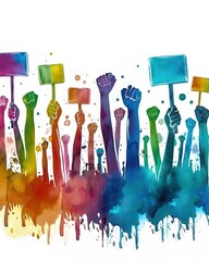 watercolor protest scene with raised fists and equality signs muted tones .