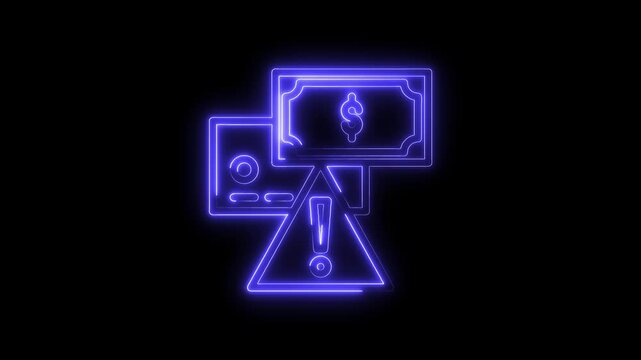 Neon warning sign of financial scam credit card and dollar banknote on dark backdrop