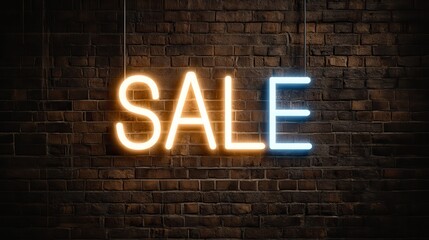 Bright neon sign with SALE text on a dark brick wall background