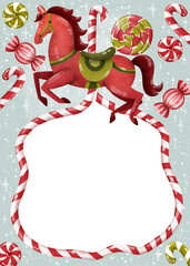Christmas frame, Red Horse, Watercolor frames bundle, Festive Decorative Borders PNG Christmas greeting card, Border can be used as invitation card