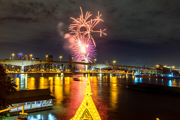 The blurred background of fireworks (light trails) is beautiful at night, seen in the New Year holidays, Christmas events, for tourists to take pictures during public travel.