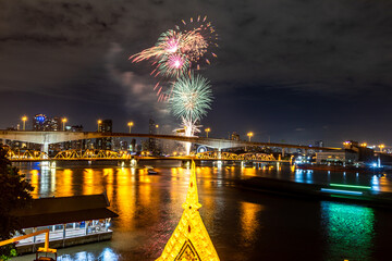 The blurred background of fireworks (light trails) is beautiful at night, seen in the New Year holidays, Christmas events, for tourists to take pictures during public travel.