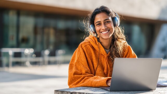Young adult happy smiling Hispanic indian student wearing headphones talking on online chat meeting using laptop in university campus or at virtual office. College female student learning remotely., 