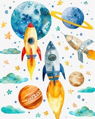 watercolor space exploration rockets and planets .