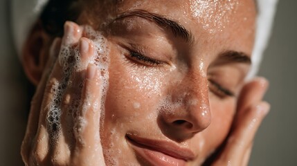 Woman Washing Face with Cleanser