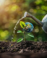 watering can nourishing a globeshaped plant sustainable growth