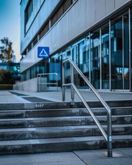 wheelchair ramp leading to a modern building on accessibility sign f aperture neutral tones