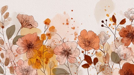 Abstract spring season floral Background. Warm tone blossom wallpaper design with wild flowers, blooms and leaves. Line art and watercolor texture perfect for banner, prints, wall art, decoration., n
