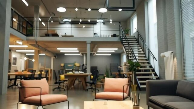 Large open office space with a couch and two chairs. The chairs are pink and the couch is black. The room is well lit and has a modern feel