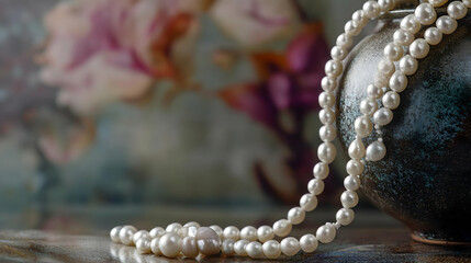 Elegant strand of pearls displayed in a close-up against a ceramic vase and dark background showing intricate details in a high quality and luxurious visual style.

