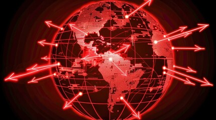 wireframe globe with cyber attack vectors red arrows targeting cities on North America .