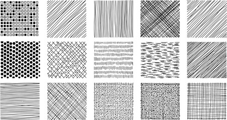 Seamless doodle pattern set, hand drawn monochrome textures, abstract backgrounds for graphic design needs
