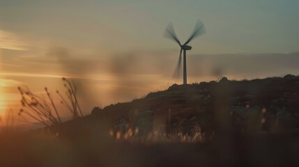 wind turbines on a hill at sunset on rotating blades f aperture golden hour
