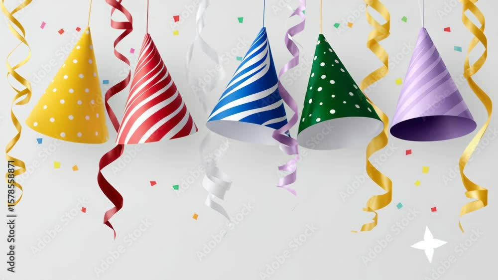 Poster row of colorful party hats hanging from a string. the hats are of different colors and sizes, and th