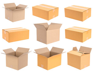 Fototapeta premium Assortment Of Cardboard Boxes Displayed Against Transparent Background With Various Perspectives Showing Open And Closed States