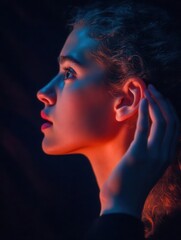 woman cupping her ear as if listening closely in a dramatic theater light portrait orientation