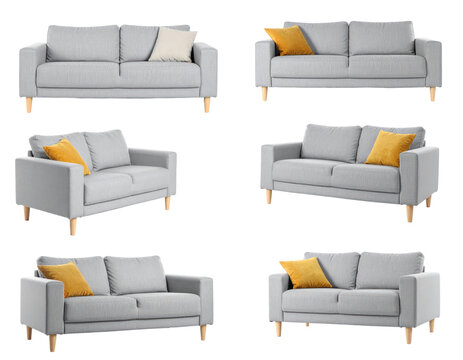Multiple Gray Fabric Sofas With Yellow And White Pillows Isolated On Transparent Background Demonstrating Various Perspectives For Furniture Design
