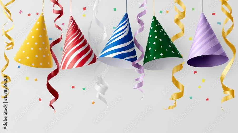 Poster row of colorful party hats hanging from a string. the hats are of different colors and sizes, and th