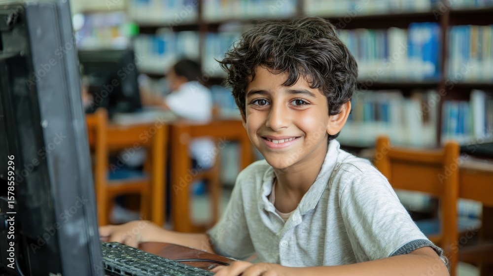 Poster young happy schoolboy using computer. arab child learning to use computer at elementary school. port