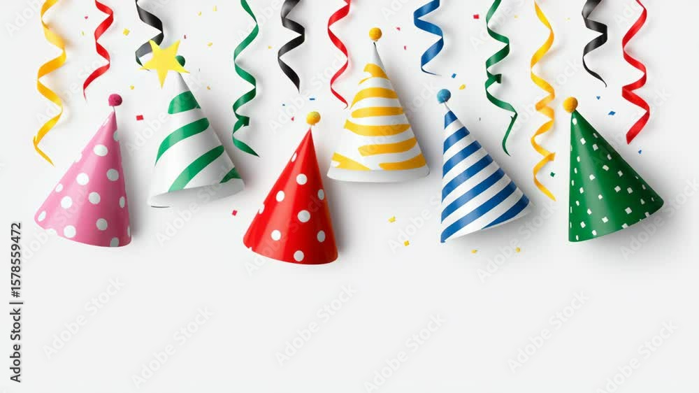 Poster row of colorful party hats with polka dots and stripes. the hats are hanging from a string, creating