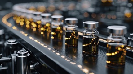 Medical vials on production line in lab with pharmaceutical manufacturing automation and bright light