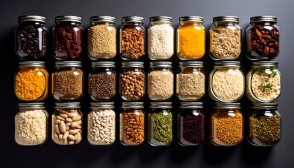 Many glass jars filled with various whole foods, arranged in rows