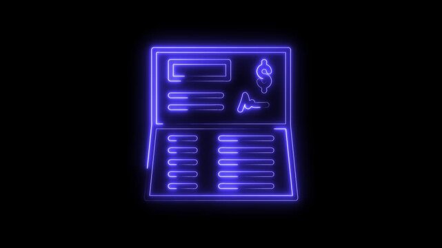 Glowing neon checkbook animation on black background for financial and banking concept