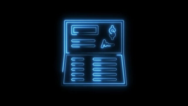 Blue neon glowing checkbook icon animation on black background for banking concept