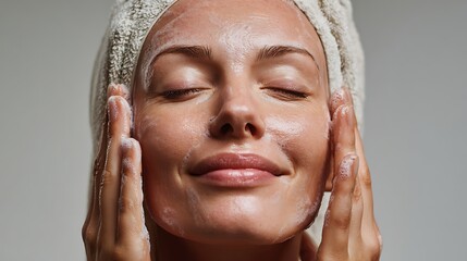 Woman Washing Face with Cleanser