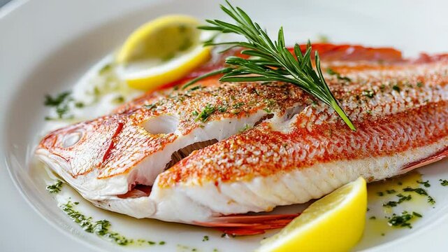 Delicious red snapper fillet baking with rosemary and lemon on white plate