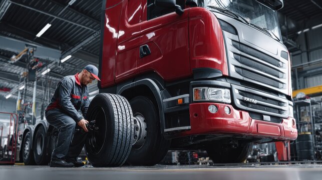 Car mechanic in uniform is replacement tyres on truck in automobile workshop. Truck auto repair shop. Car insurance service. Modern transportation. - Powered by Adobe