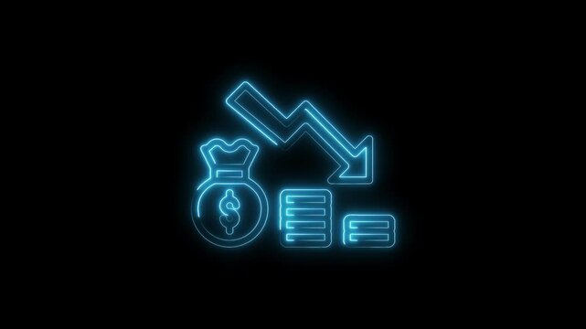 Financial crisis neon style animation with falling arrow loss and money bag