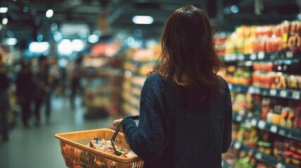 sale, shopping, consumerism and people concept - woman with food basket at grocery store or supermarket, no logos, no brands