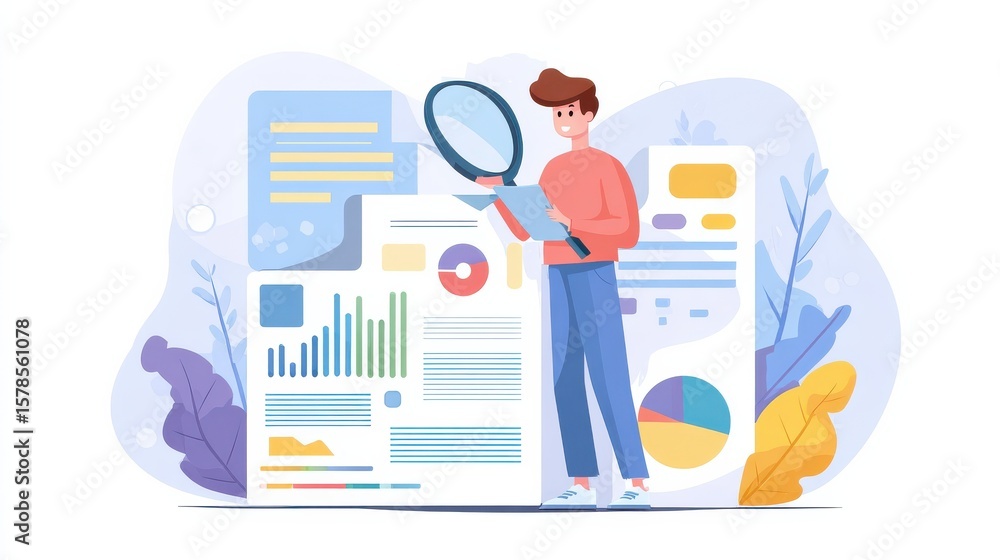 Poster information collection and analysis abstract concept vector illustration set. management information