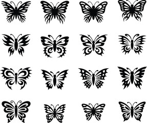 Collection of Sixteen Butterfly Illustrations in Black Silhouette Style on White Background silhouette