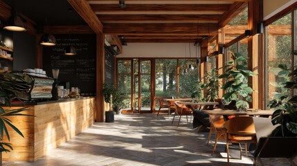 Fototapeta premium The interior of the coffee shop/cafÃ© is modern and woodsy, giving it an open, modern style that makes it warm and welcoming to sip your coffee every morning. Ai generate.